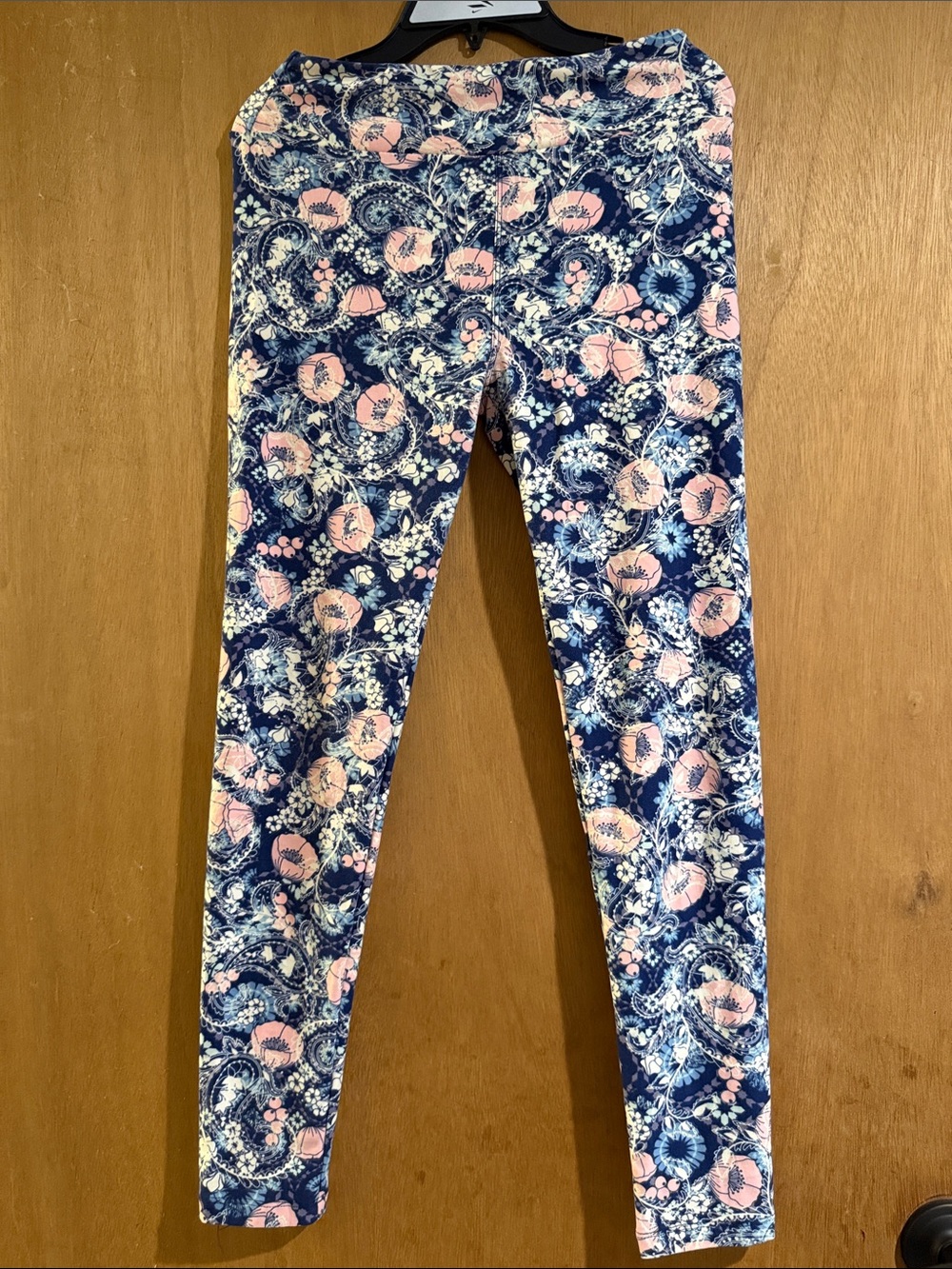 LuLaRoe Navy Leggings with Pink Floral Paisley Print